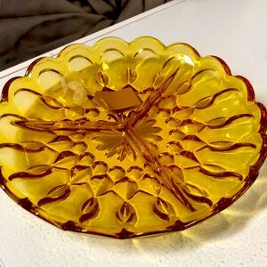 Vintage Indian glass company, 1960 Amber round divided tray